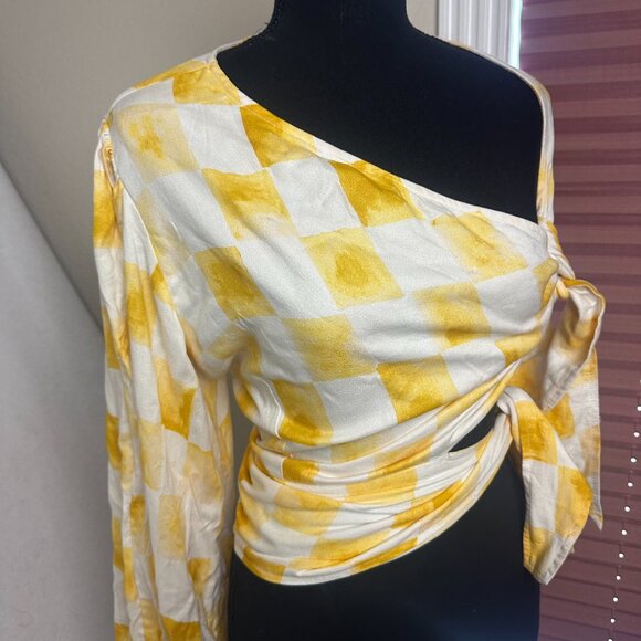 Jens Pirate Booty top shirt sz S yellow check gingham one sleeve shoulder tie - Picture 3 of 9